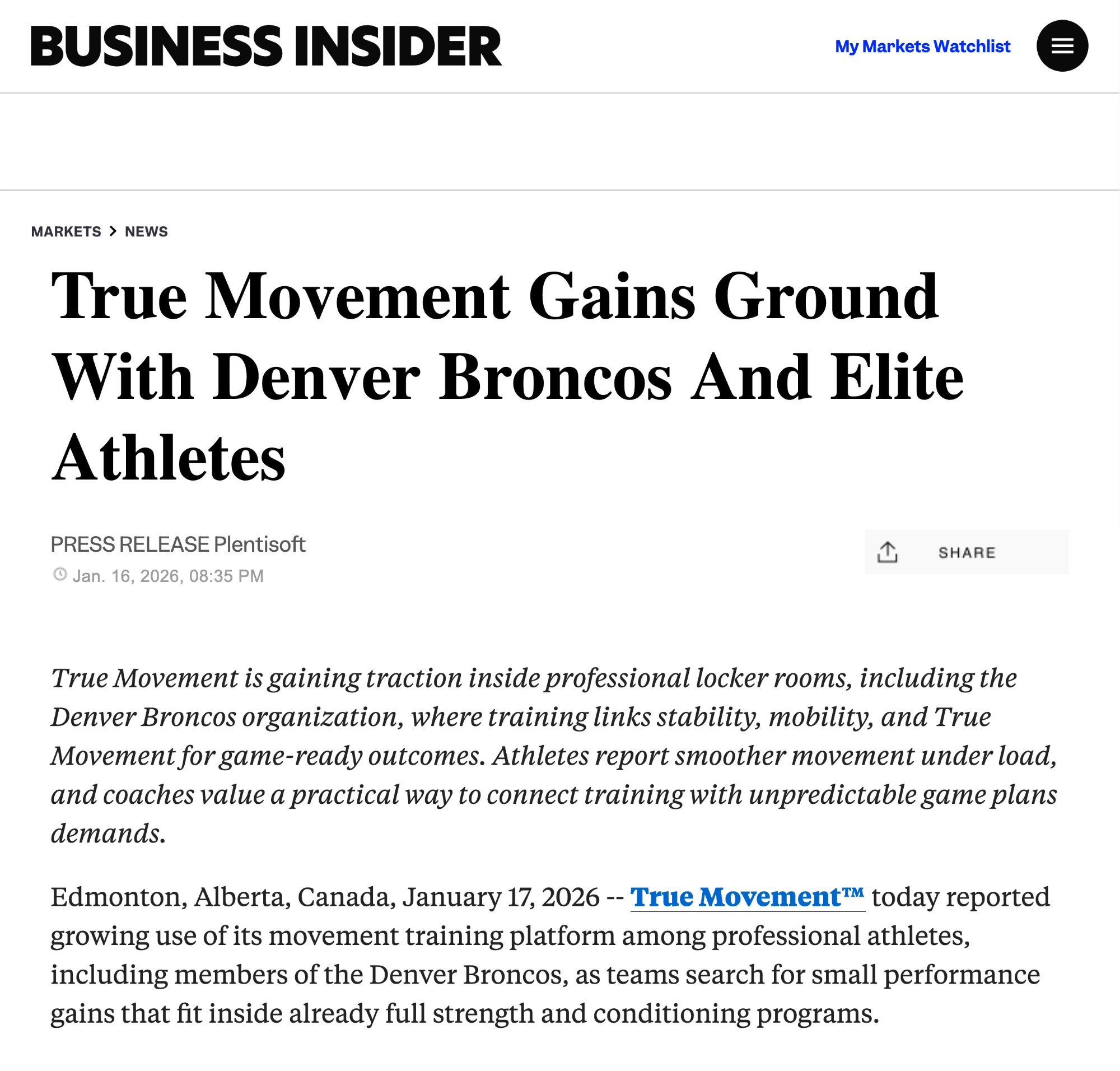 Business Insider article clip on True Movement