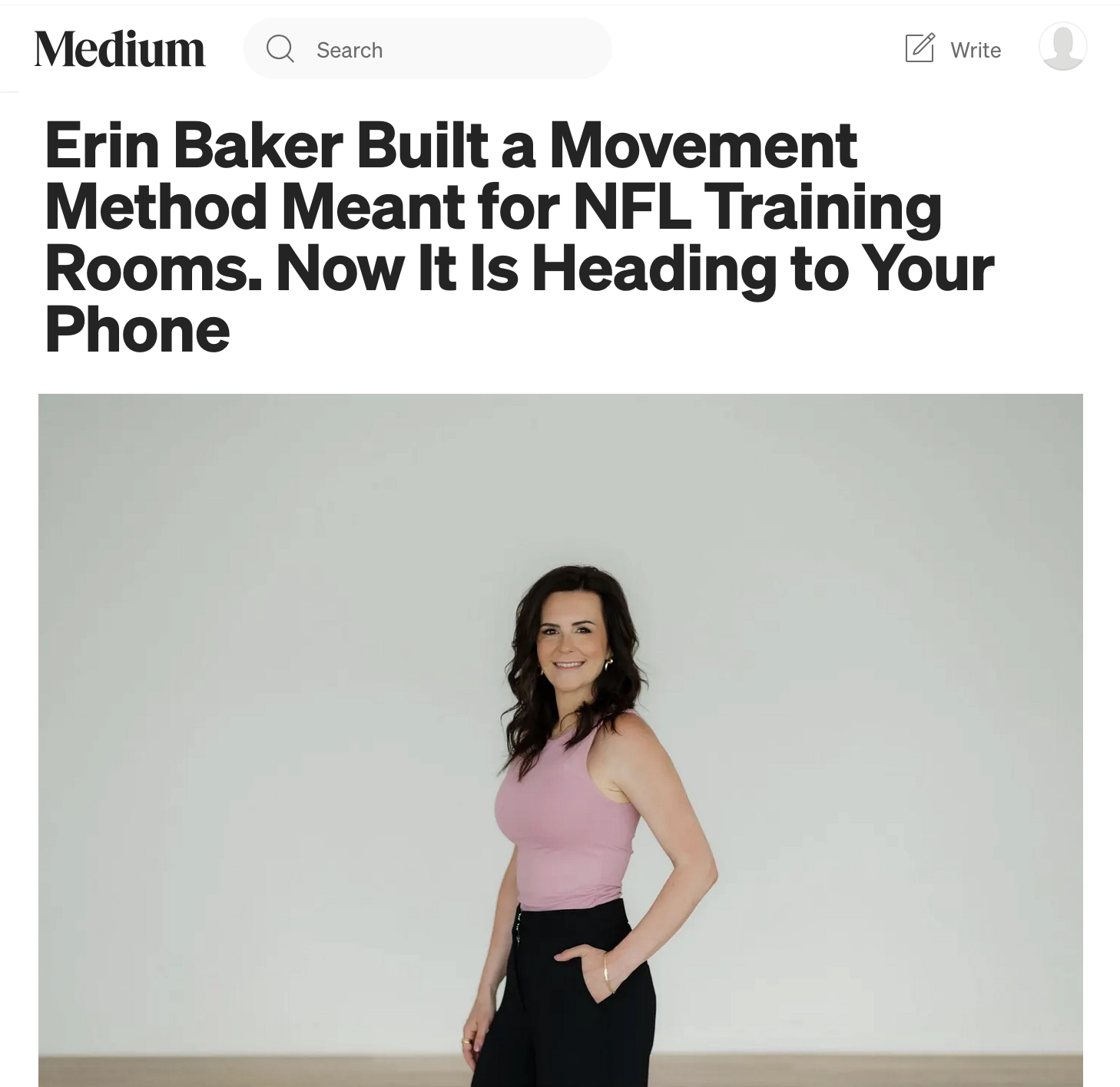 screen snap of the Medium article: Erin Baker Built a Movement Method Meant for NFL Training Rooms. Now it is Heading to Your Phone